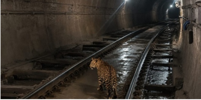 रेल सुरंग में ट्रैक पर टहलता दिखा तेंदुआ, कर्मचारियों में दहशत का माहौल !